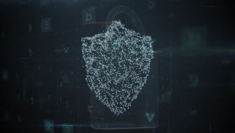 animación de números y letras cambiantes sobre el escudo de seguridad en línea