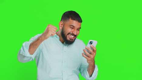 happy excited winner man use smartphone celebrating success, winning play game, good lottery news