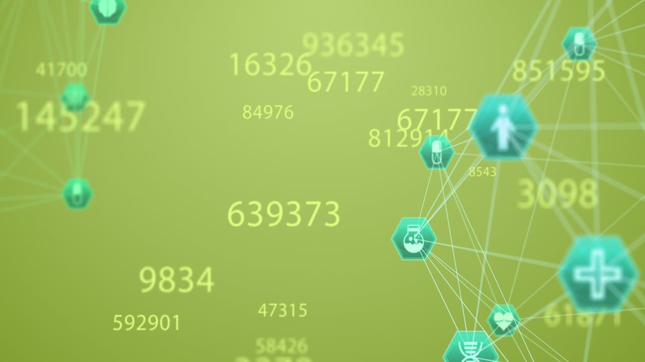 animación de múltiples números cambiantes y globos de iconos médicos que giran contra un fondo verde