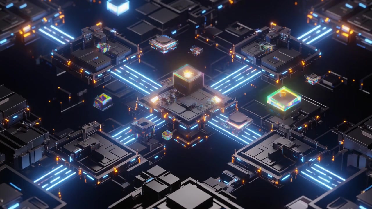 Abstract Digital Circuit Board with Glowing Data Streams