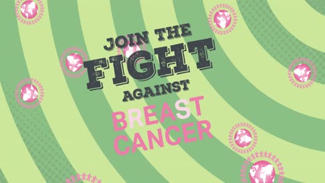 Animation-of-breast-cancer-awareness-text-over-pink-globes-falling-on-green-background