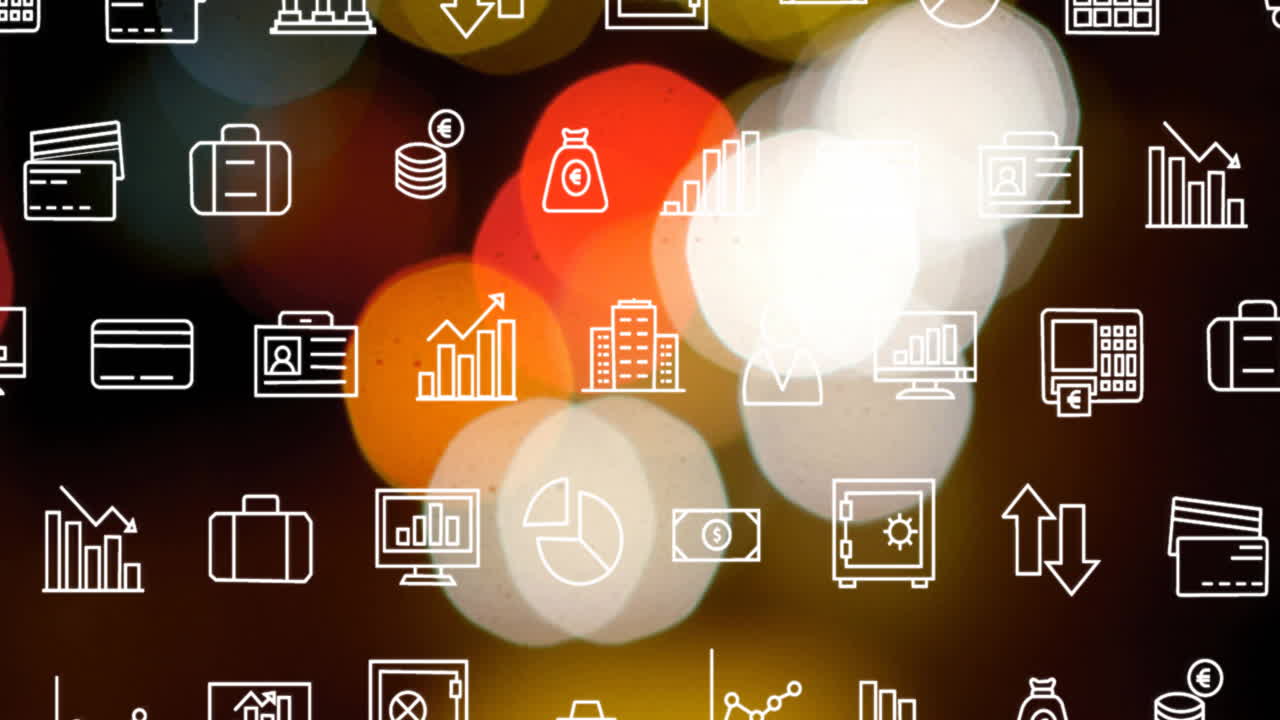 y iconos financieros y comerciales animación sobre luces de colores borrosos de fondo