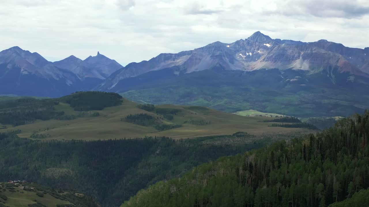 Summer Last Dollar Road Ridgeway Telluride airport Colorado aerial drone Uncompahgre Forest Mount Sneffels Wilderness Aspen Trees vista ranch land San Juan Rocky Mountains Dallas Range circle right