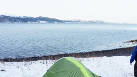 man and dog camping on snow covered hill with dazzling view of trondheim fjord in indre fosen, trondelag, norway