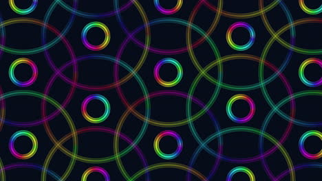 Digital cyberpunk neon pulse trace circles pattern in rows on black gradient