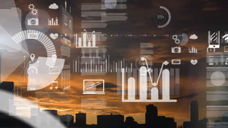 animation of data processing with sunset in background