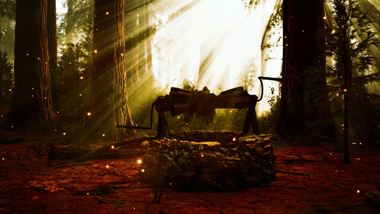 오래된 돌은 안개와 함께 숲에서 잘 그려