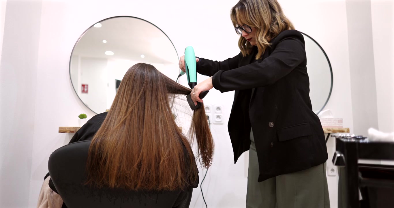 Professional Hairdresser Blow Drying Client's Hair in Salon