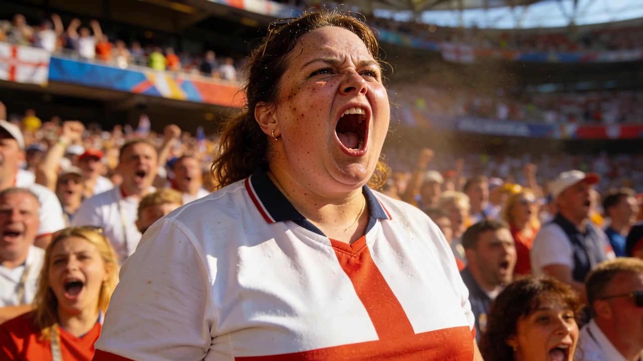 Reagendo al momento che si sta svolgendo, una tifosa urla e poi inspira allo stadio, con la maglia dell'Inghilterra