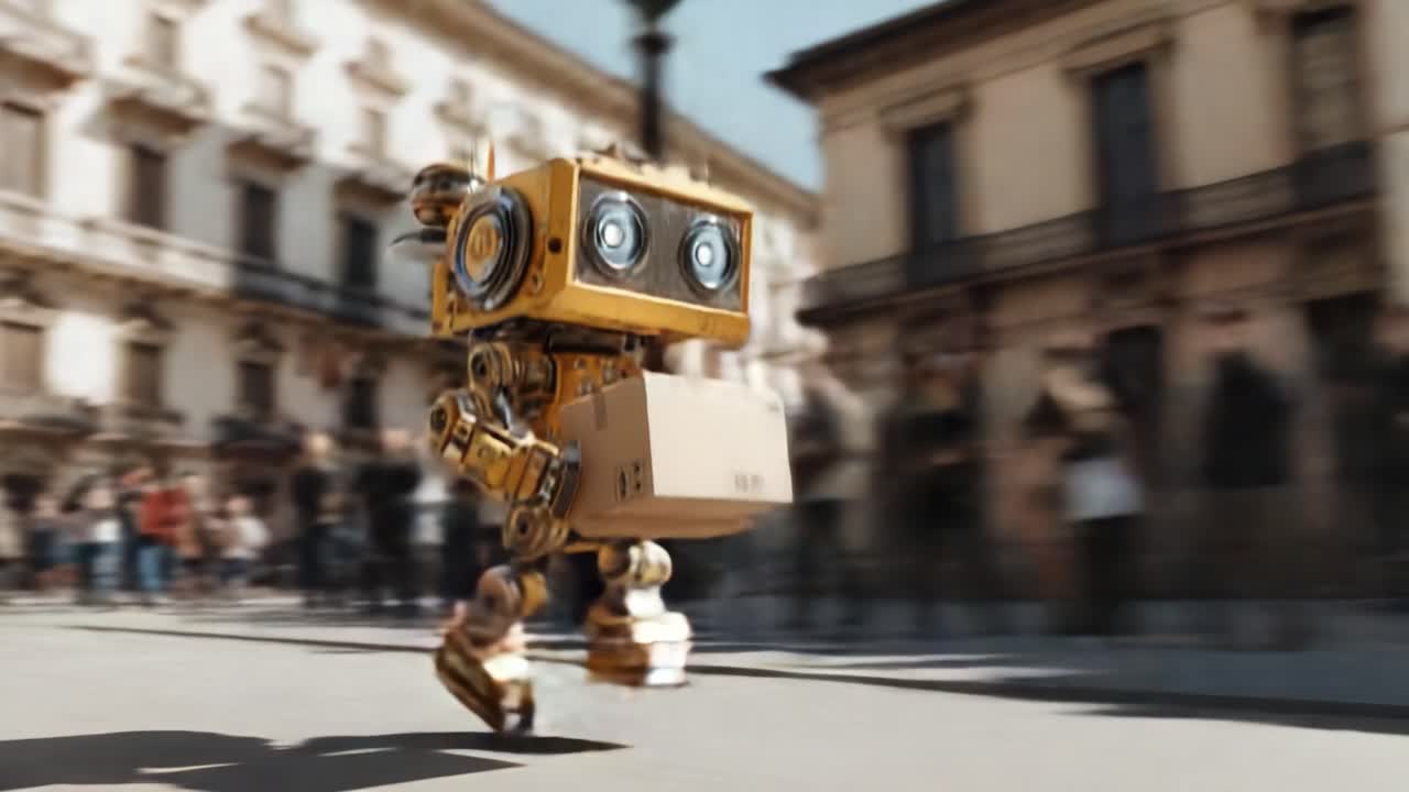 A cheerful, animated robot enthusiastically delivers a package while racing through a bustling city street, showcasing a blend of advanced technology and playful design