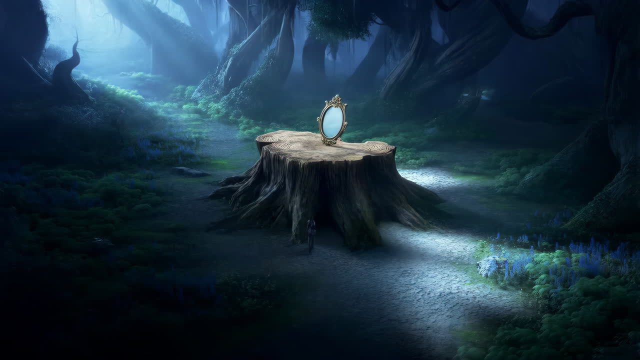 Mystical Forest with Enchanted Mirror on a Tree Stump