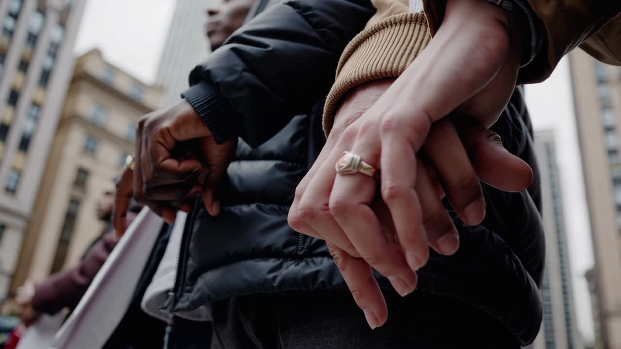 Diverse group of people holding hands at an outdoor gathering
