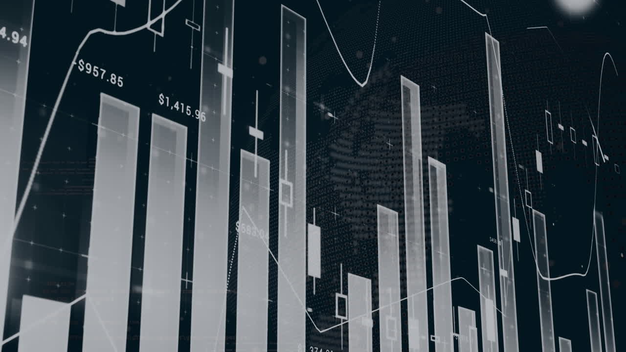 Animation of multiple graphs with changing numbers over rotating globe on black background