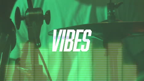 animation of vibes text and music equaliser over man playing drums