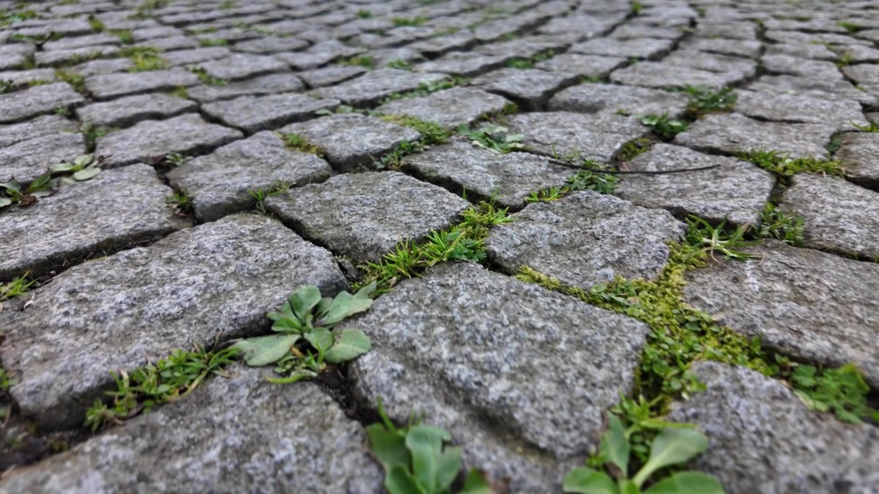 Close-up of Cobblestone Pavement with Green Grass Growing Between Stones