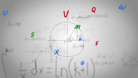 animación de alfabetos flotando sobre ecuaciones matemáticas contra un fondo gris