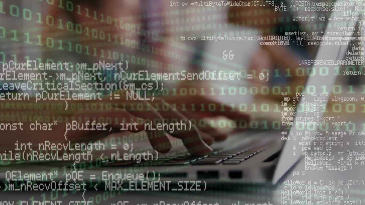 composición digital de procesamiento de datos de codificación binaria contra un grupo de estudiantes que usan computadoras portátiles