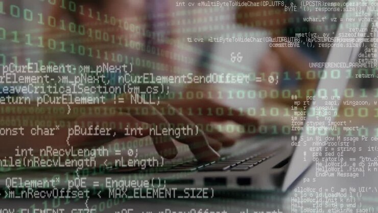 Digital composition of binary coding data processing against group of students using laptop