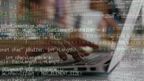 Digital composition of binary coding data processing against group of students using laptop