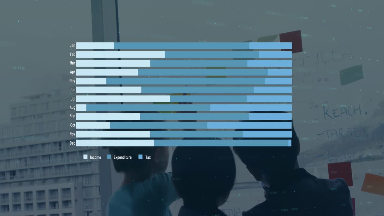 Animation of statistical data processing over diverse collogues discussing over memo notes at office