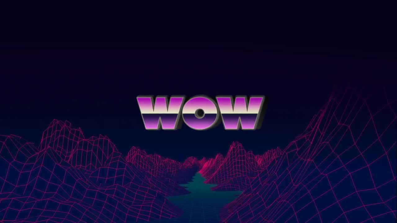 금속 빛나는 보라색 글자로 쓰여진 wow 단어의 애니메이션