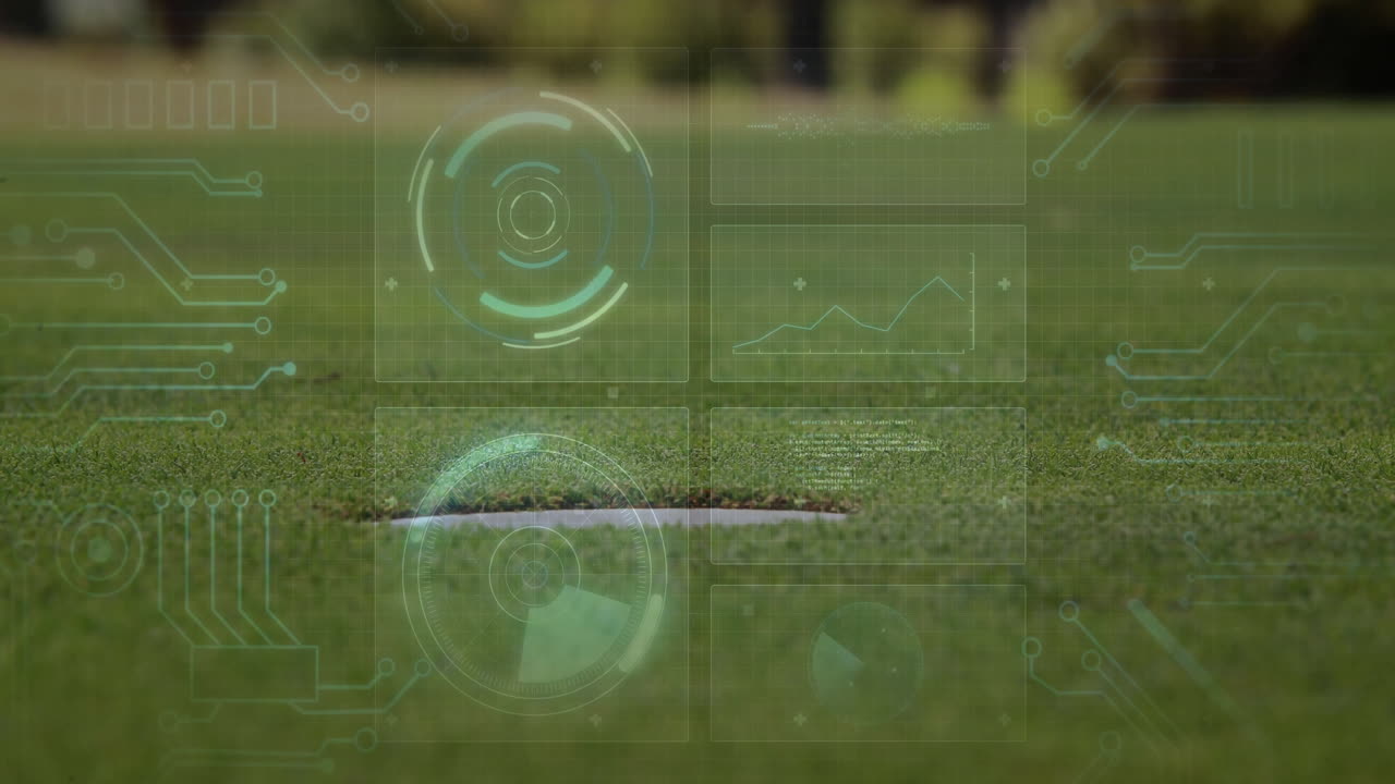 Futuristic HUD overlay being animated on golf course putting green, showing reticles and graphs