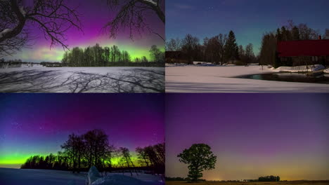 Geteilter-Bildschirm-Mit-Vier-Zeitraffer-Winterlandschaftsszenen-Der-Aurora-Borealis