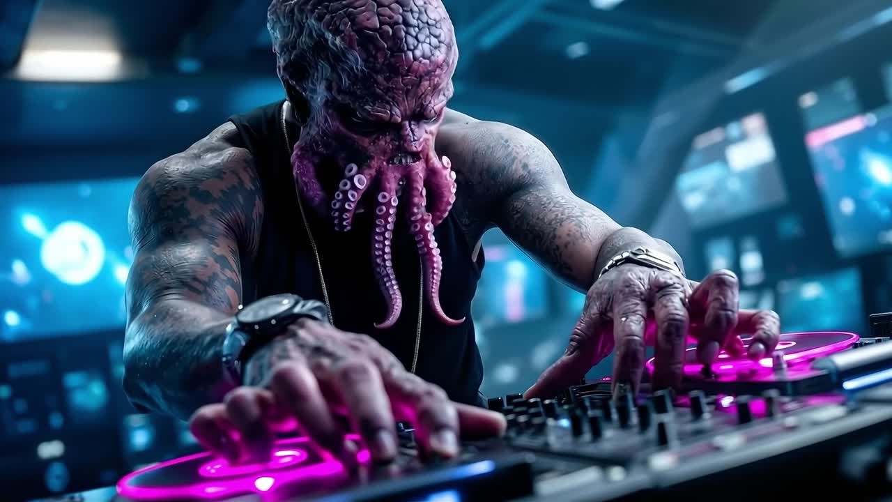 A man in a black shirt with an octopus head on his head playing a dj set