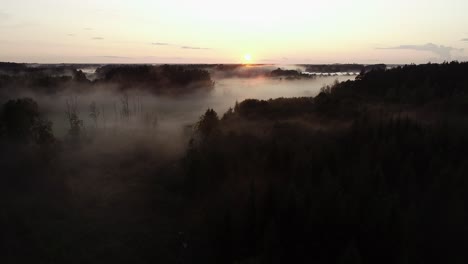 flight above sunset fog in golden hour after rain