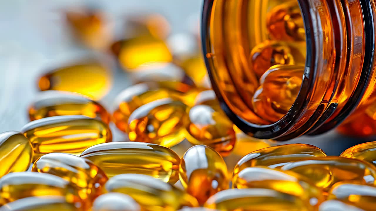 Health supplements spill from a bottle. Gel capsules are scattered on a surface after a bottle tips over, showing their bright color and shape