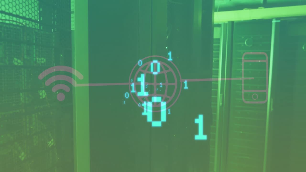 Animation of binary code, tech icons and servers