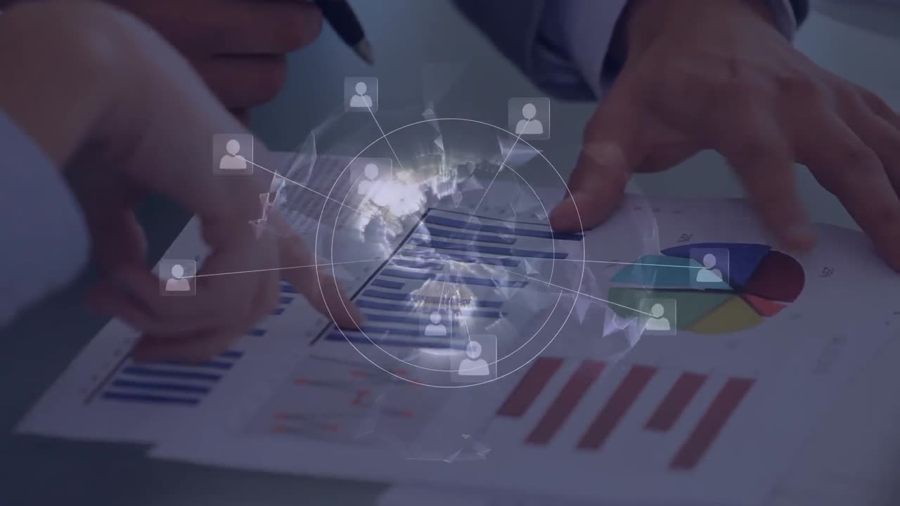 animación de redes de conexiones sobre personas que comprueban datos financieros