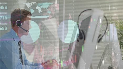 animación del procesamiento de datos sobre un hombre de negocios caucásico usando auriculares de teléfono en la oficina