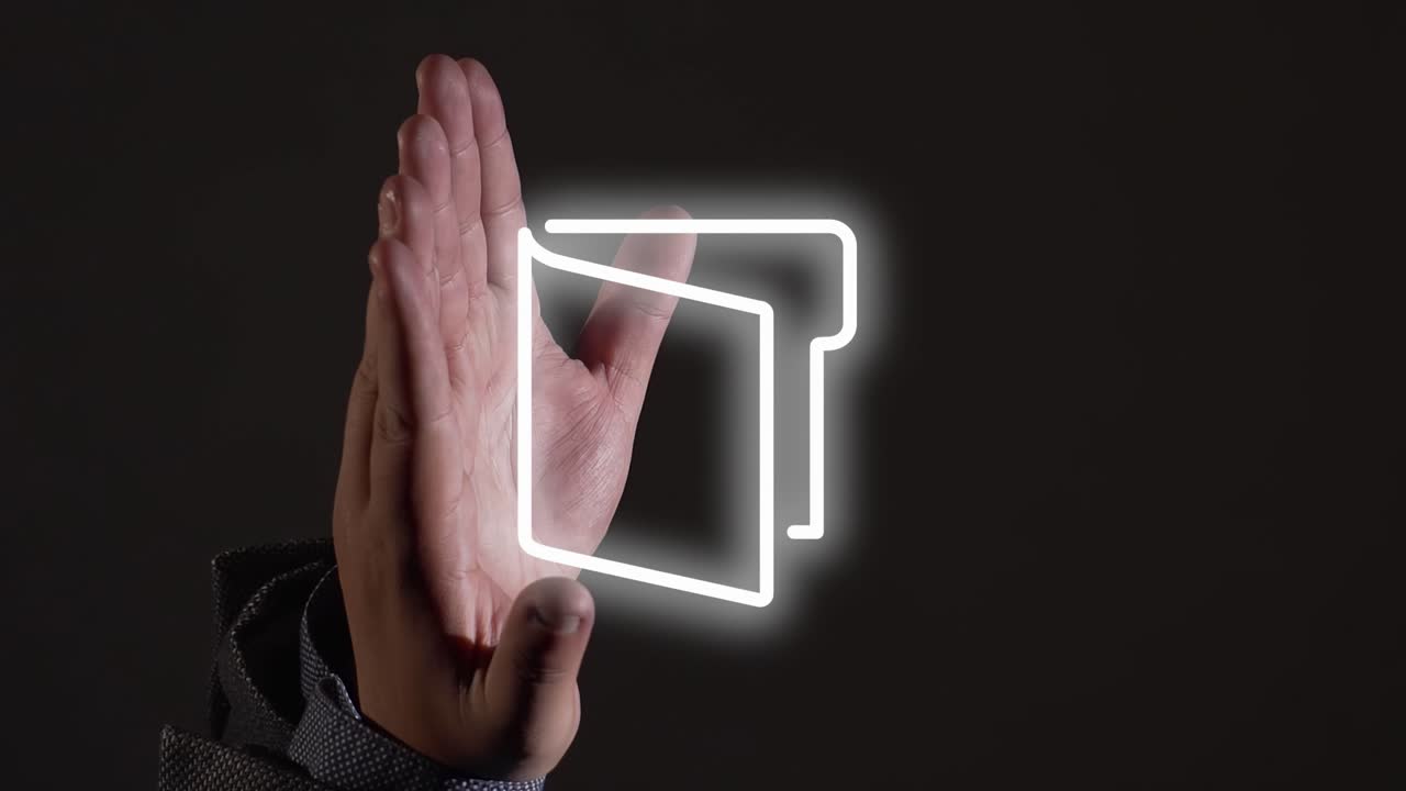 남성 손바닥에 있는 열린 폴더 기호의 수직 모션 그래픽