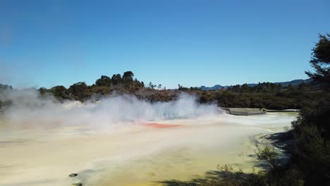 thermal wonderland, waiotapu geothermal active area, north island, new zealand, panoramic view of central pools with hot springs water