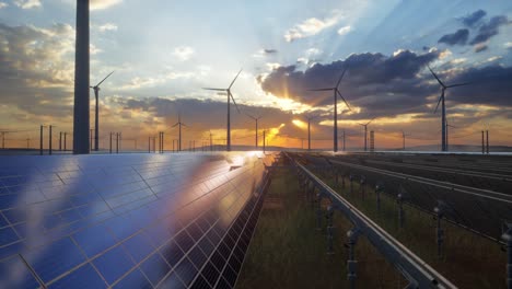 sunset over a combined solar and wind farm