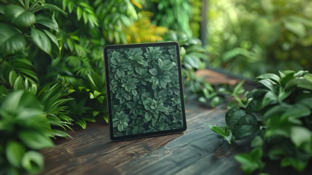 Tablet Displaying Green Leaves Surrounded by Lush Plants