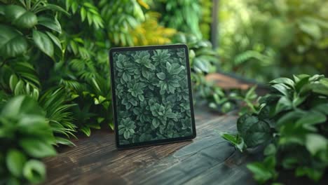 tablet displaying green leaves surrounded by lush plants