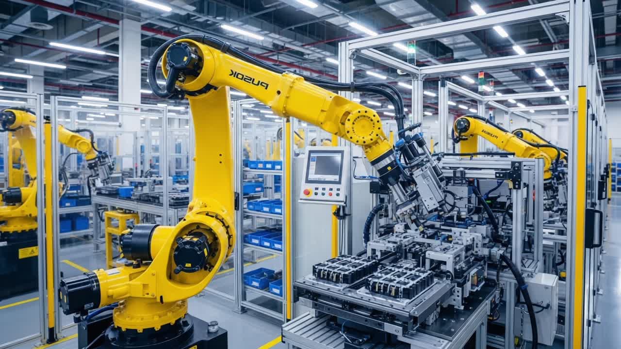 Automated Manufacturing Facility Featuring Advanced Robotic Arms in Action, Streamlining Production Processes for Enhanced Efficiency and Precision