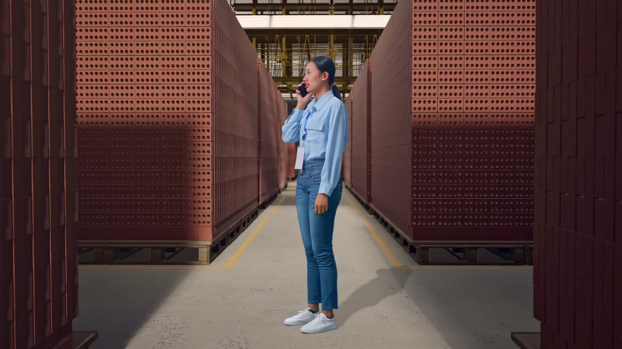 Full Body Side View Of Asian Female With Red Brick Packed in Stacks Are Stored, She Is Speaking With Someone In The Phone