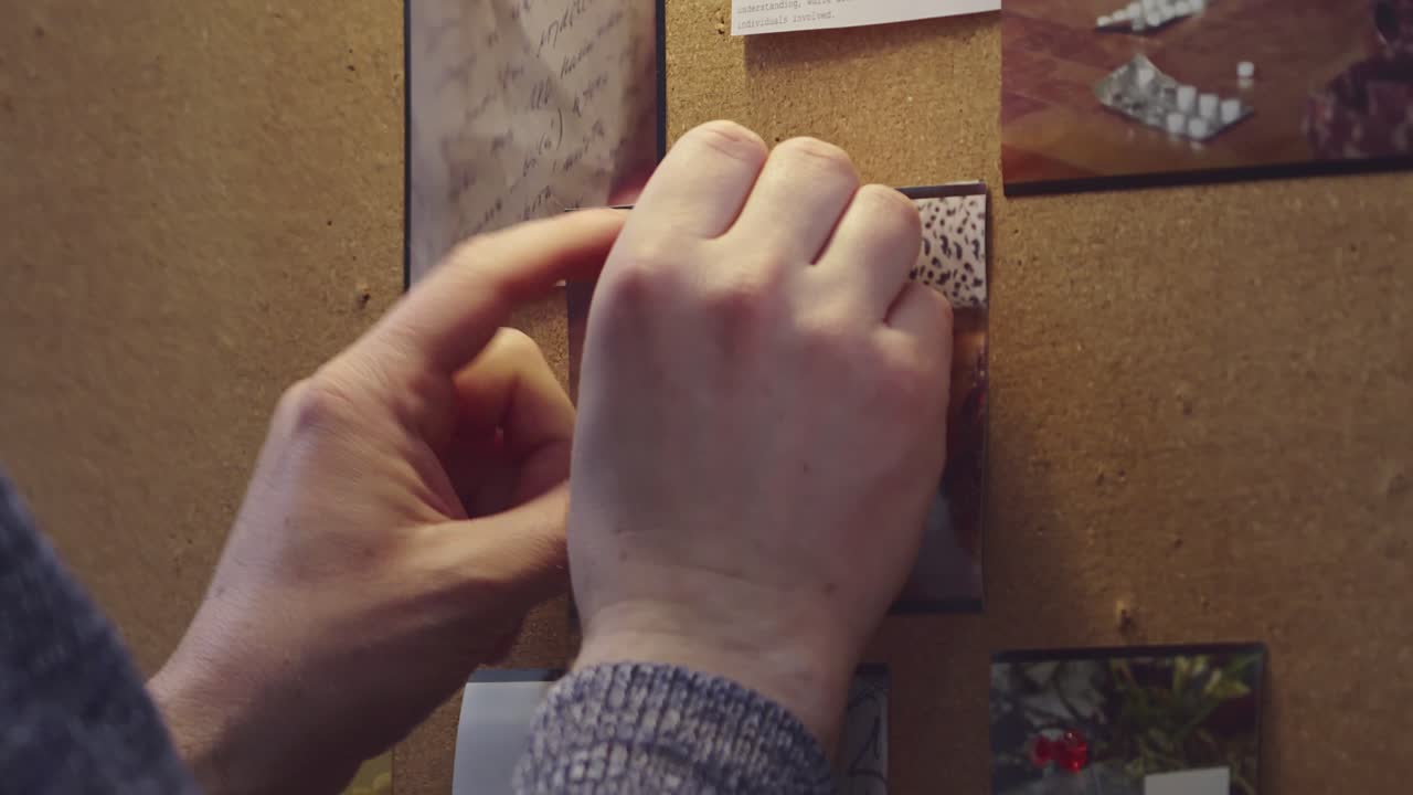 el detective coloca una foto de la escena del crimen en el tablero de pruebas