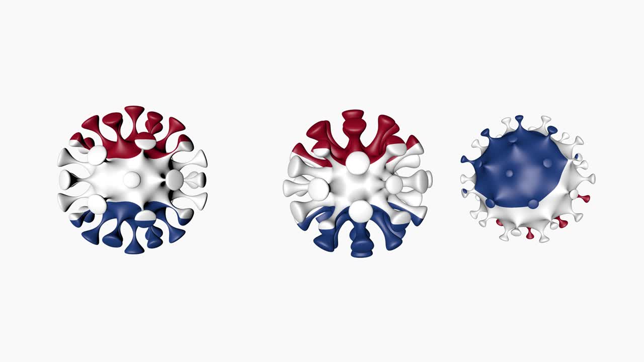 3d animación coronavirus 2019-ncov de los países bajos. bandera de holanda en esferas de bola de virus covid-19, en fondo blanco. canal alfa