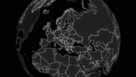 romania country alpha for editing data analysis technology globe rotating, cinematic video showcases a digital globe rotating, zooming in on romania country alpha for editing template