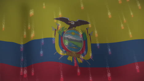 animation of binary coding and data processing over flag of equador