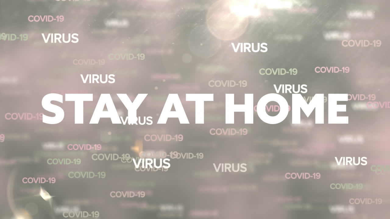 코로나19 바이러스가 떠다니는 단어 위에 사회적 거리두기 메시지의 애니메이션 플래시인