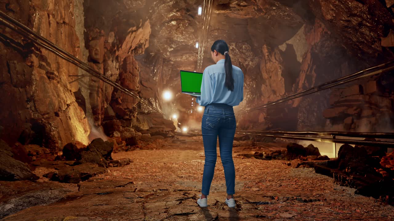 Full Body Back View Of Asian Female In Underground Mine Tunnel, Typing On Laptop'S Keyboard With Green Screen And Look At Mine Tunnel