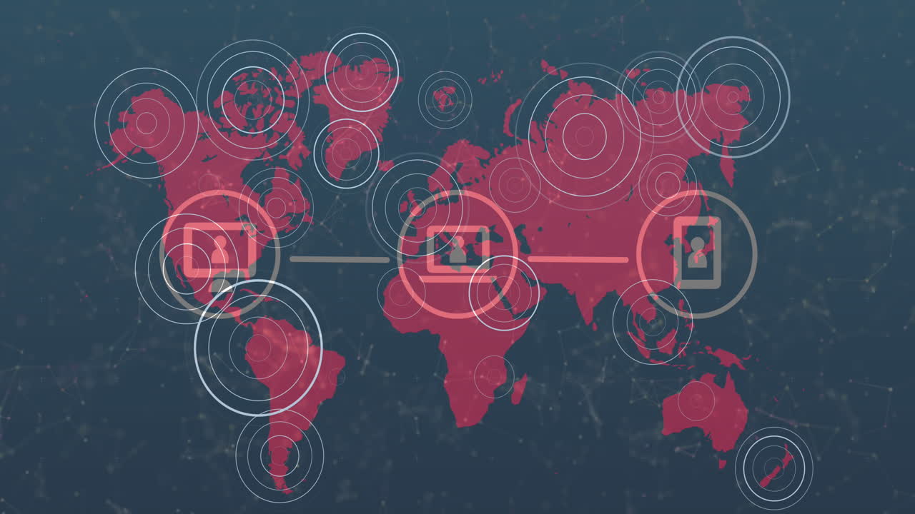 red de iconos digitales sobre círculos pulsantes en el mapa del mundo contra un fondo azul