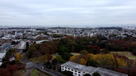 Un-Extenso-Paisaje-Urbano-Con-Parches-De-árboles-Otoñales-Y-Cielos-Nublados,-Durante-El-Día,-Vista-Aérea