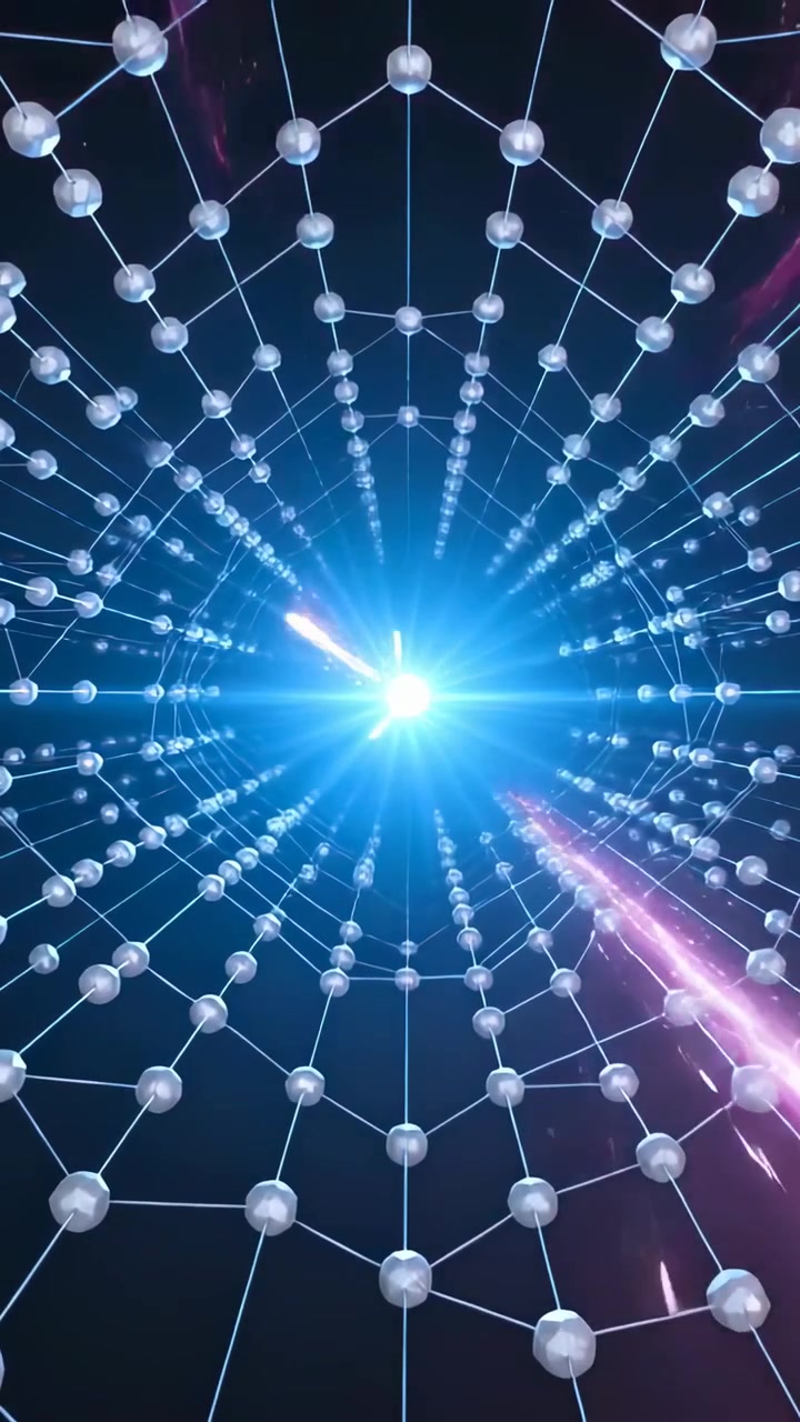 Vertical video: Gliding camera through silver lattice as blue core growing, passing magenta trails