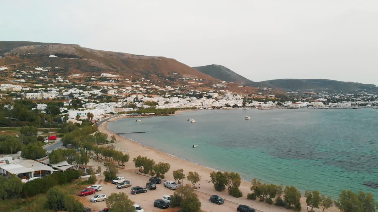 Aerial shot of sandy beach at Paros island in Greece